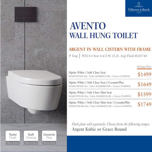 Villeroy & Boch Avento Promotional Package — Wall Hung Toilet + Argent 80 Cistern