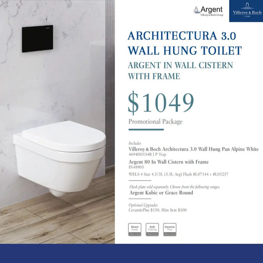 Villeroy & Boch Architectura 3.0 Promotional Package — Wall Hung Toilet + Argent 80 Cistern
