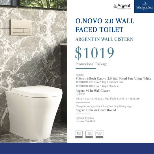Villeroy & Boch O.novo 2.0 Promotional Package — Wall Faced Toilet + Argent 80 Cistern