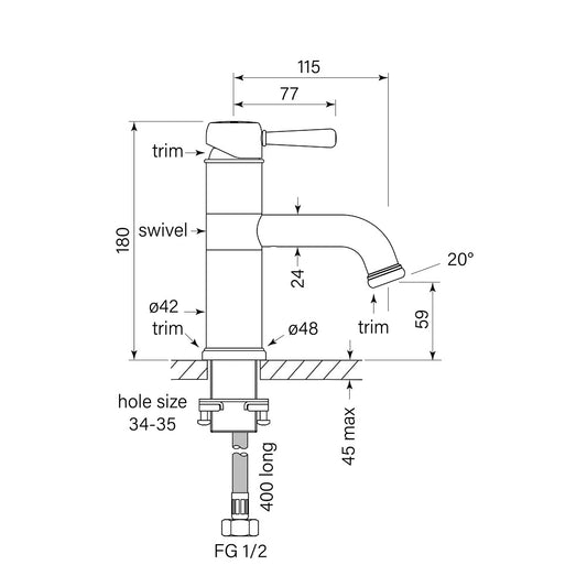 Faucet Strommen Cascade Swivel Basin Mixer - Dimensions