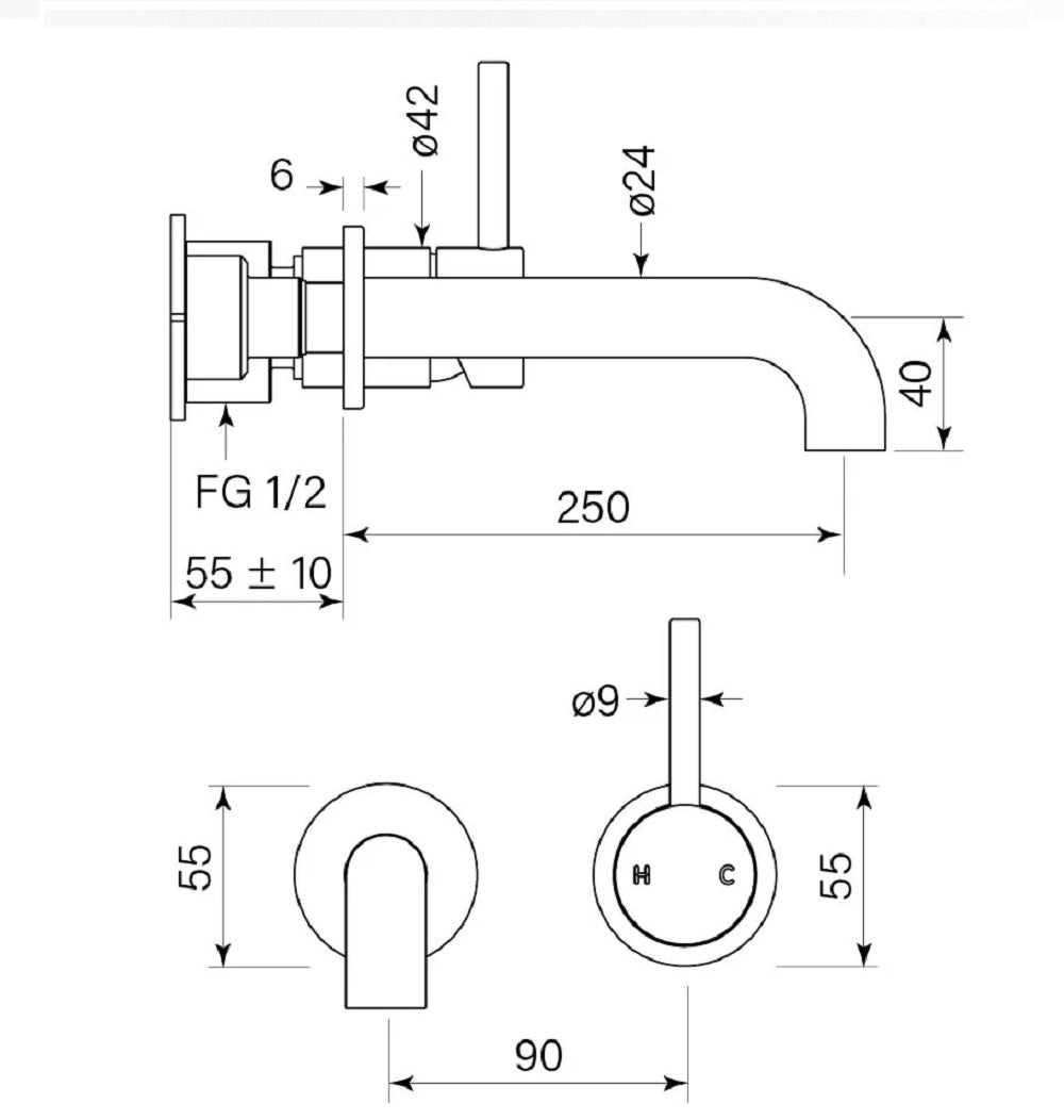 Faucet Strommen Pegasi M 250 Basin Mixer Set - Dimensions