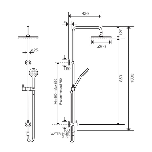 Arcisan Axus Shower System with Hand Shower - Dimensions