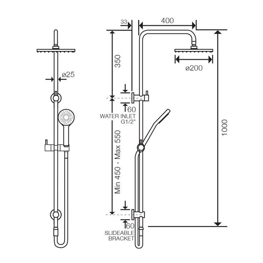 Arcisan Axus Shower System with Hand Shower - Top Diverter - Dimensions