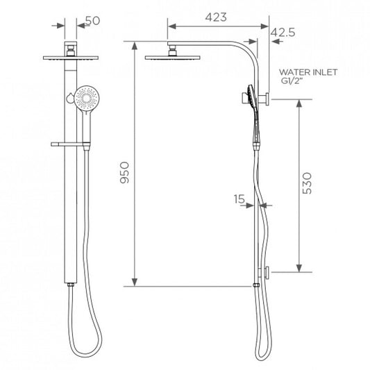 Arcisan Synergii Shower System with Hand Shower - Top Diverter - Dimensions