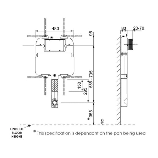 Argent 80mm In Wall Cistern - Pneumatic - Dimensions