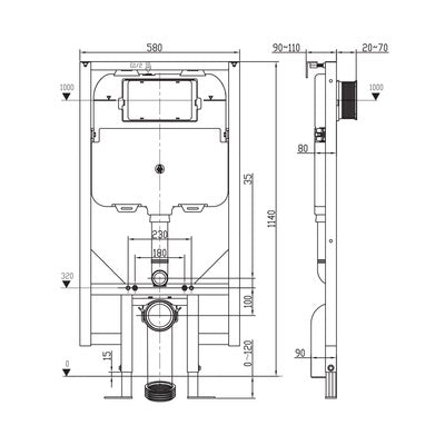 Argent 80mm In Wall Cistern & Frame - Pneumatic - Dimensions