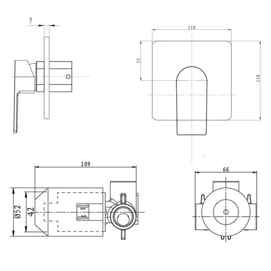 Argent Evoke Square Wall Mixer - Dimensions