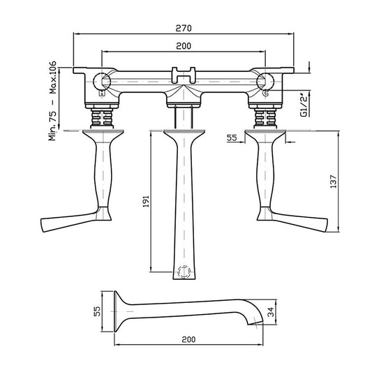 Zucchetti Bellagio Wall Mount Basin Tap Set - Lever Handles - Dimensions