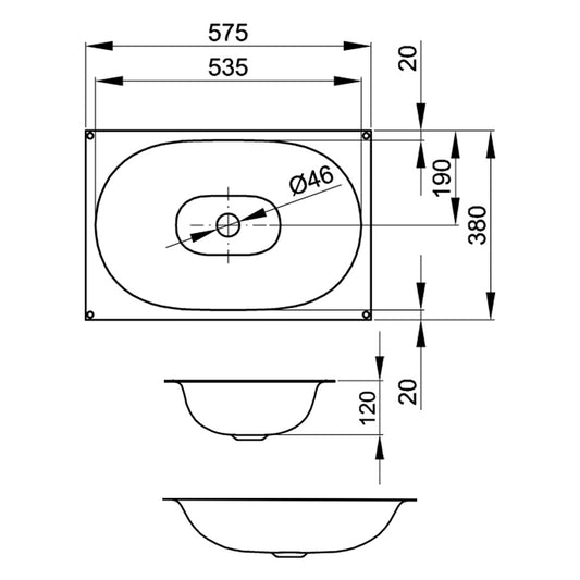 BetteComodo Under Counter Basin - 570 Dimensions