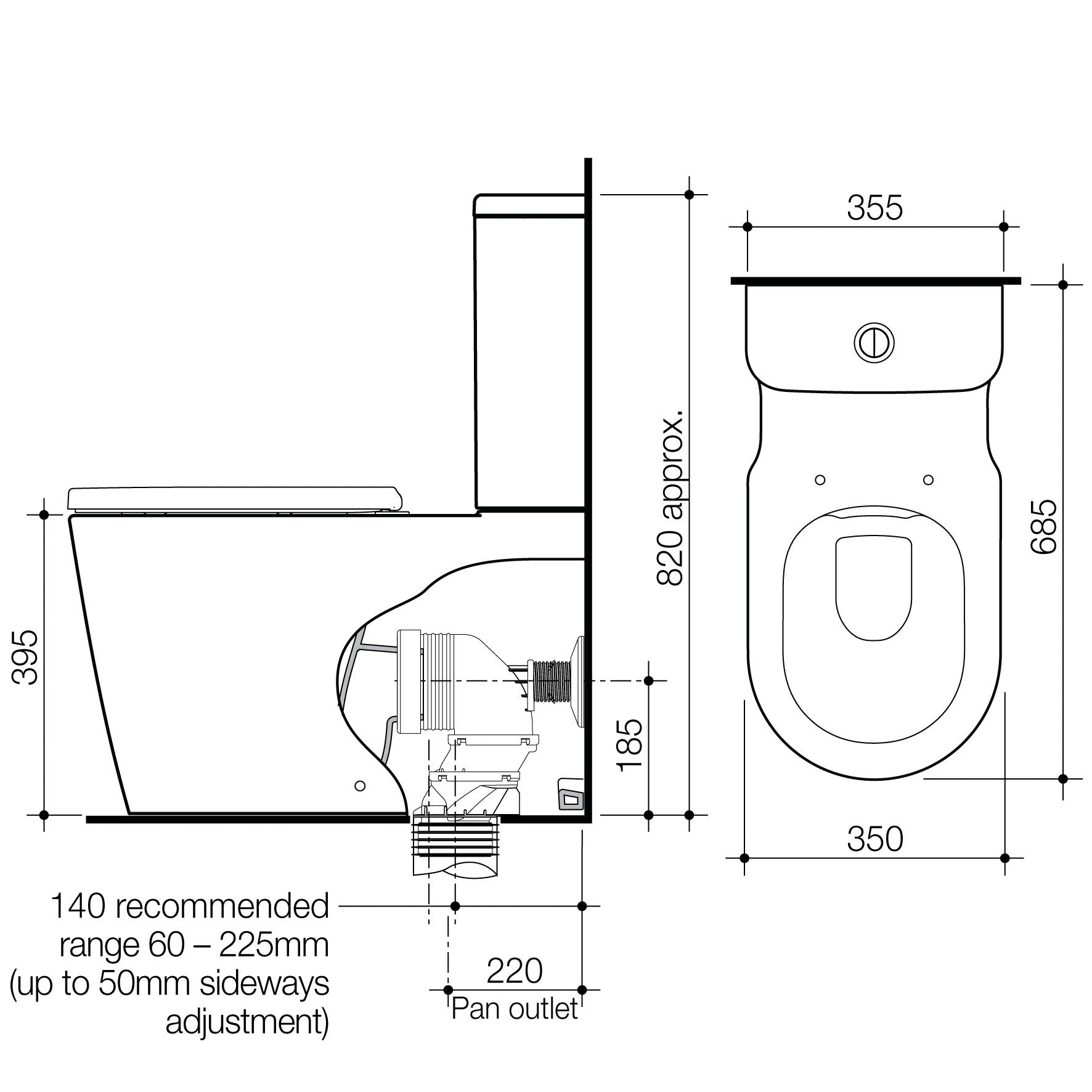 Caroma Elvire Cleanflush Back to Wall Toilet Suite - Dimensions