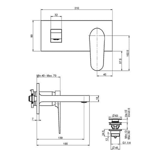 FIMA Next Wall Mounted Mixer Set - 155mm Spout - Dimensions