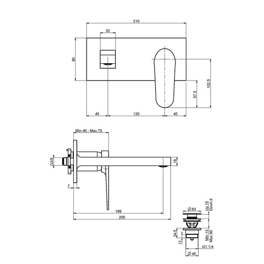 FIMA Next Wall Mounted Mixer Set - 205mm Spout - Dimensions