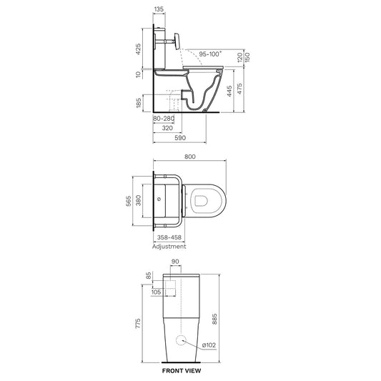 Parisi Ellisse Accessible BTW Toilet Suite with Backrest - Dimensions