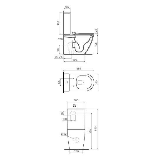 Parisi Ellisse II Wall BTW Toilet Suite with Pressalit Seat - Dimensions