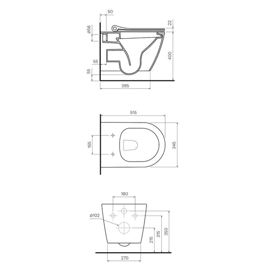 Parisi Ellisse MKII Wall Hung Toilet & Pressalit Seat - Dimensions