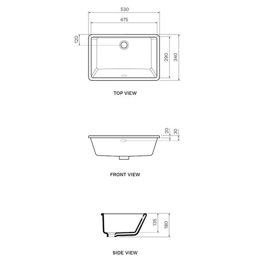 Parisi Slim II Undercounter Basin - Dimensions