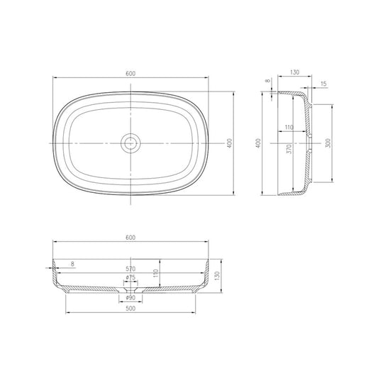 Pietra Bianca Bianca Above Counter Basin - Dimensions