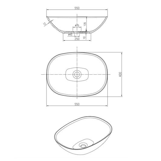 Pietra Bianca Julia Above Counter Basin - Dimensions