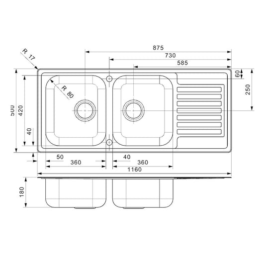 Reginox Monarch 1160 Double Stainless Steel Sink - Dimensions