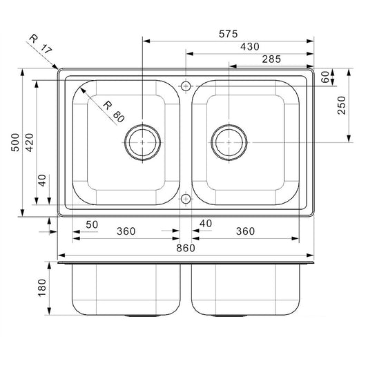 Reginox Monarch 860 Double Stainless Steel Sink - Dimensions