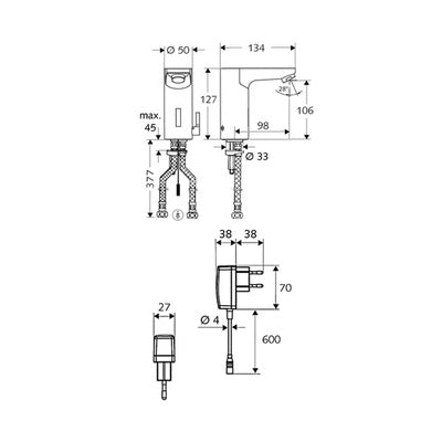 Schell Celis E Basin Hot-Cold Sensor Mixer - Dimensions