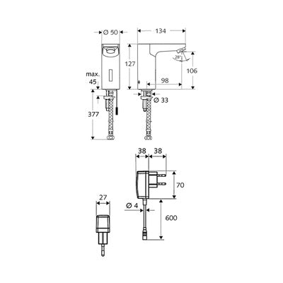 Schell Celis E Basin Single Temperature Tap - Dimensions