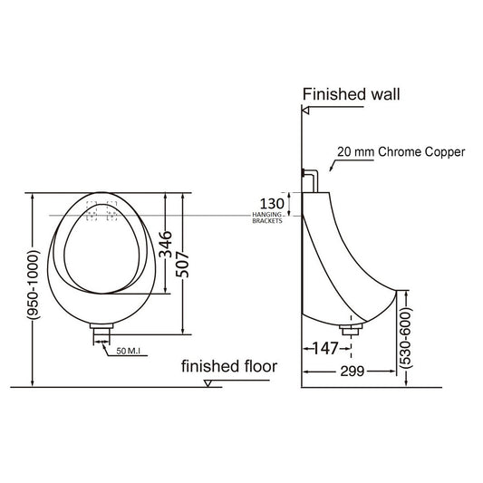 Turner Hastings Leon Ceramic Urinal - Dimensions