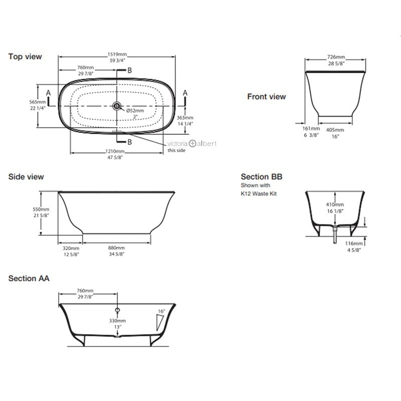 Victoria & Albert Amiata 1500 Freestanding Bath - Dimensions