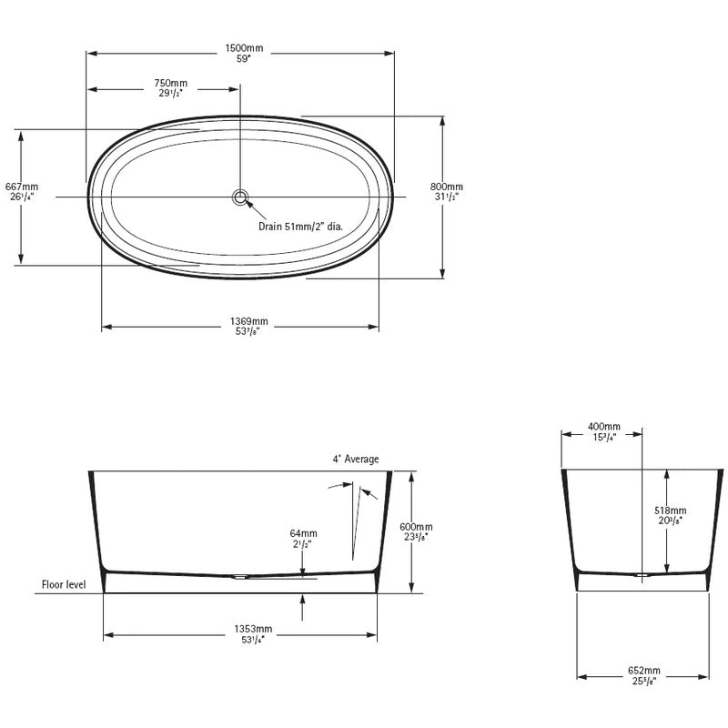 Victoria & Albert Ios Freestanding Bath - Dimensions