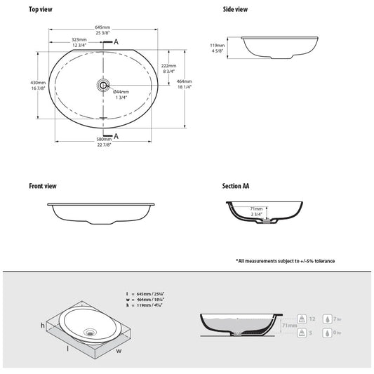 Victoria & Albert Kaali 65 Undermount Basin - Dimensions
