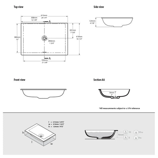 Victoria & Albert Kaldera 62 Undermount Basin - Dimensions
