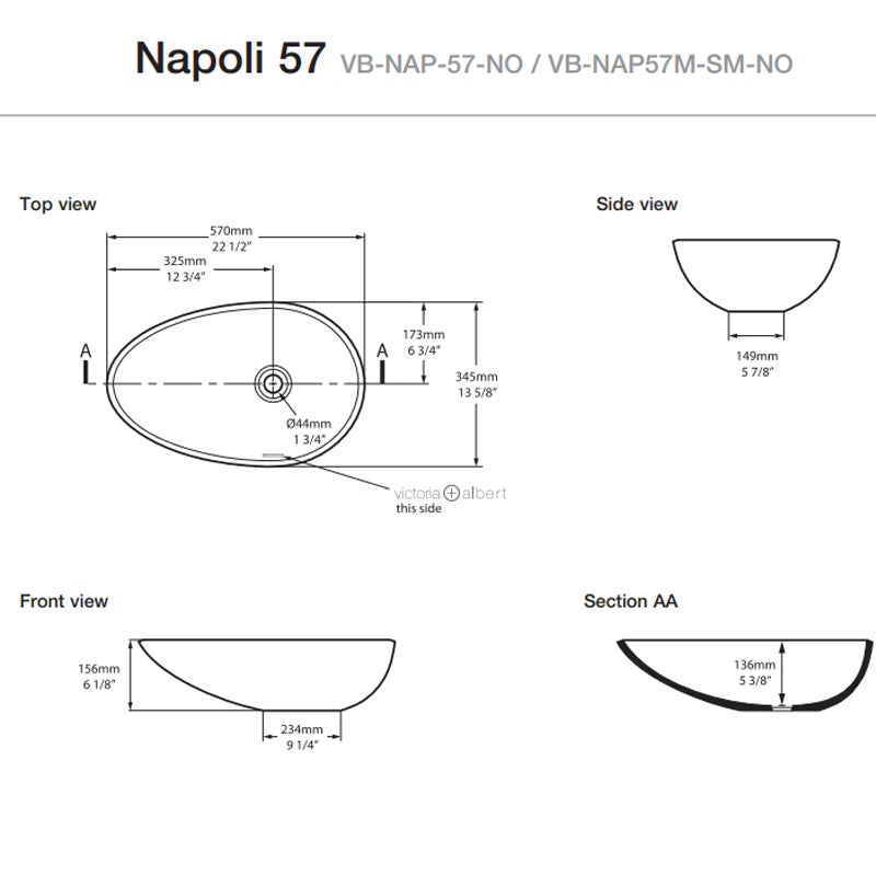 Victoria & Albert Napoli 57 Freestanding Basin - Dimensions