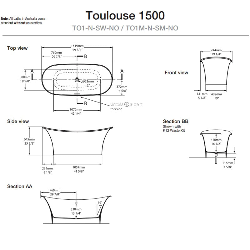 Victoria & Albert Toulouse 1500 Freestanding Bath - Dimensions