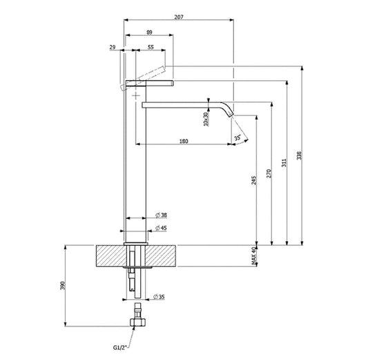 Villeroy & Boch Dawn Vessel Basin Mixer - Dimensions