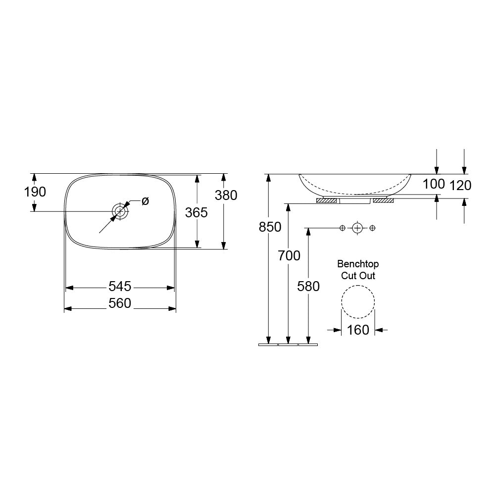 Villeroy & Boch Loop Slim 560 Rectangle Vessel Basin - Dimensions