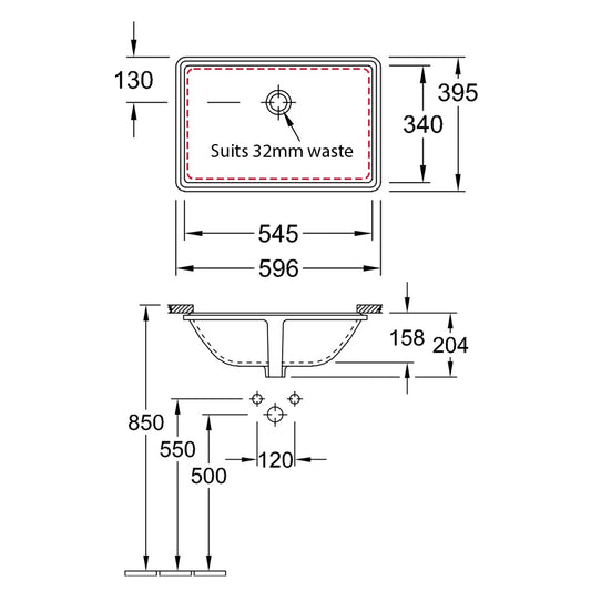 Villeroy & Boch Lunea 545 Rectangle Under Counter Basin - Dimensions
