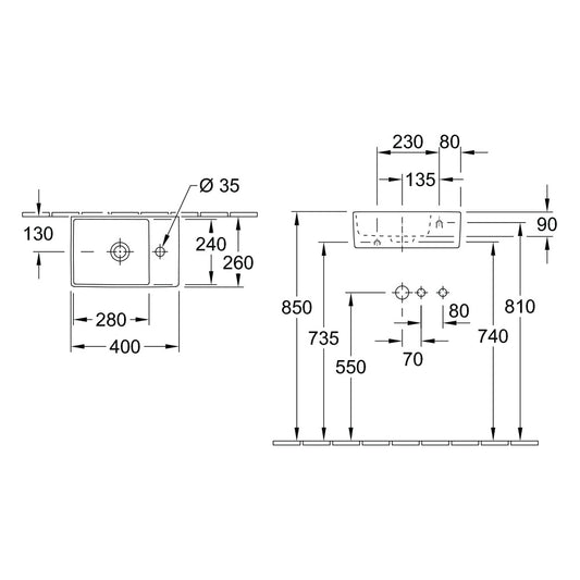 Villeroy & Boch Memento 2.0 400 Hand Wash Basin - Dimensions