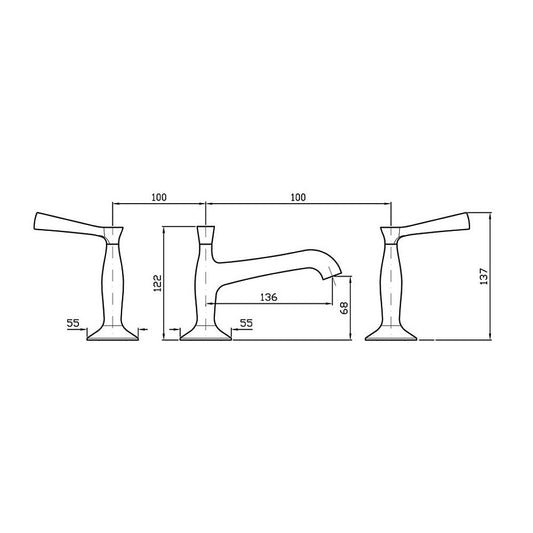 Zucchetti Bellagio Basin Tap Set - Lever Handles - Dimensions