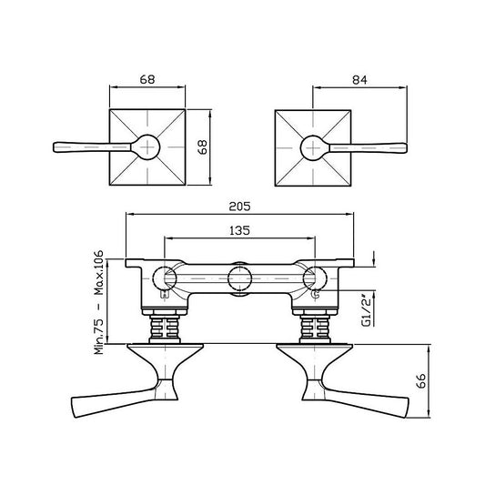 Zucchetti Bellagio Wall Tap Set - Lever Handles - Dimensions