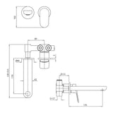 Zucchetti Nikko Wall Mounted Basin Mixer Set - 180mm Spout - Dimensions