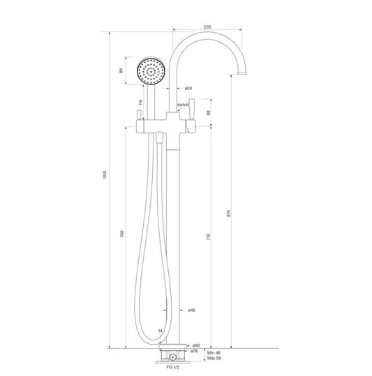 Faucet Strommen Bremont Floor Bath Mixer Curve with 90mm Round Handshower
