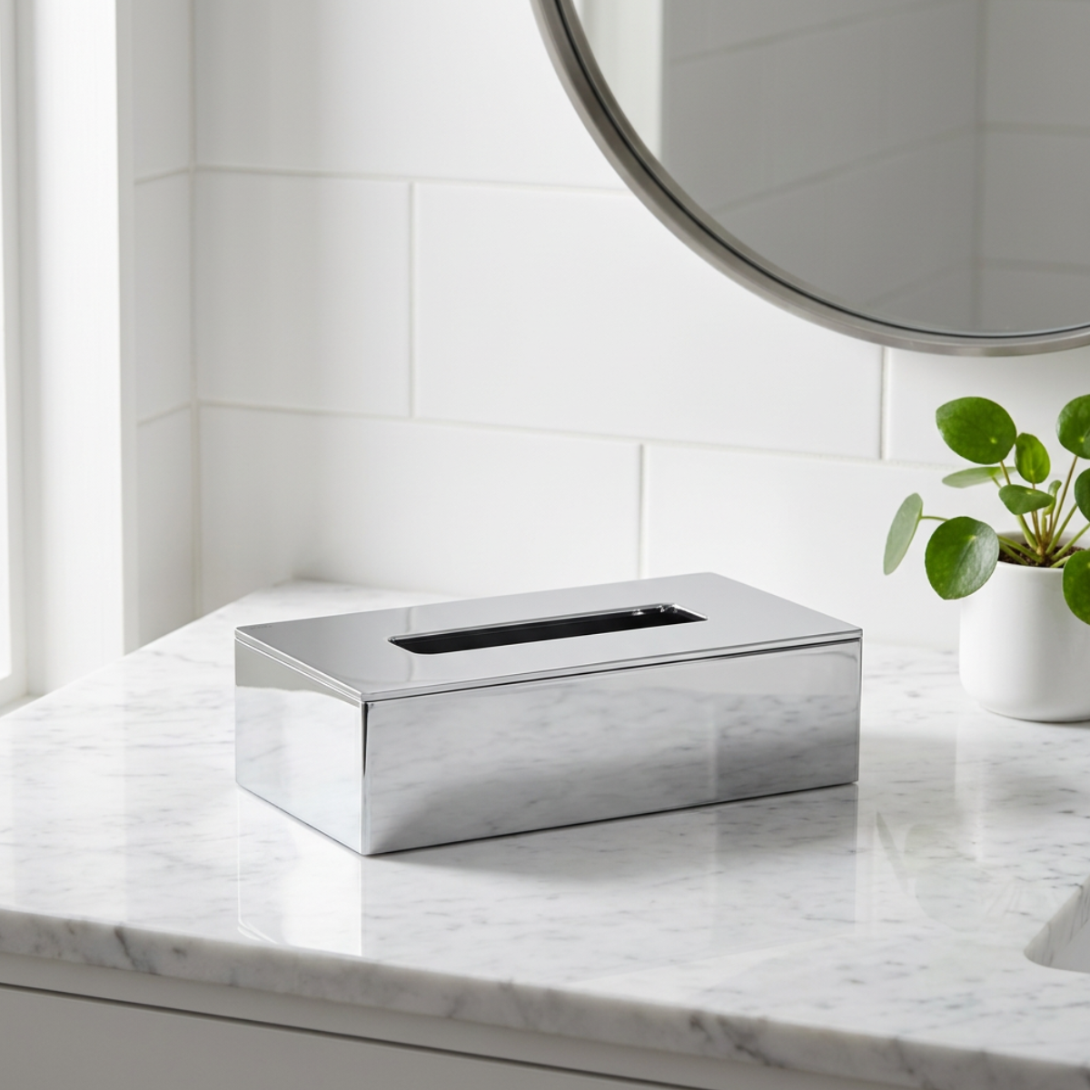 Axor tissue box sitting on vanity