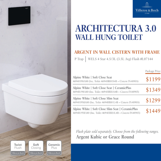 Villeroy & Boch Architectura 3.0 Promotional Package — Wall Hung Toilet + Argent 80 Cistern