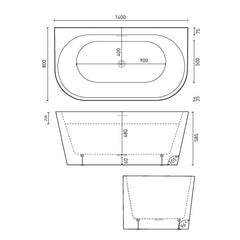 Decina Alegra Back to Wall Freestanding Bath - 1400 to 1700 with Integrated Overflow