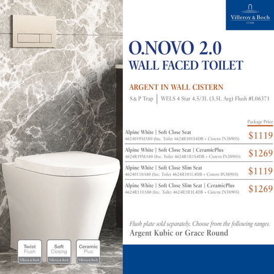 Villeroy & Boch O.novo 2.0 Promotional Package — Wall Faced Toilet + Argent 80 Cistern