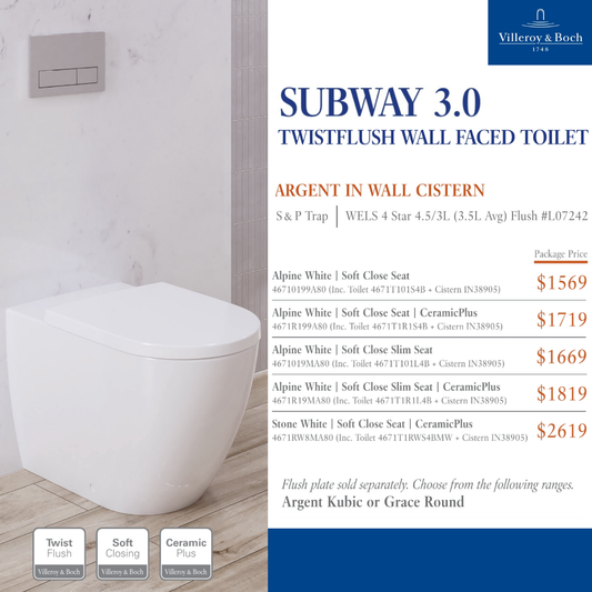 Villeroy & Boch Subway 3.0 Promotional Package — TwistFlush Wall Faced Toilet + Argent 80 Cistern