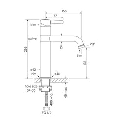 Faucet Strommen Cascade 140H Mid Swivel Basin Mixer - Dimensions