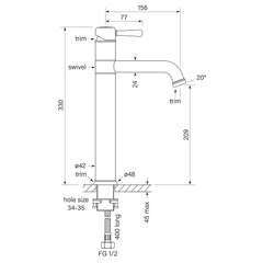 Faucet Strommen Cascade 215H Tall Swivel Basin Mixer - Dimensions