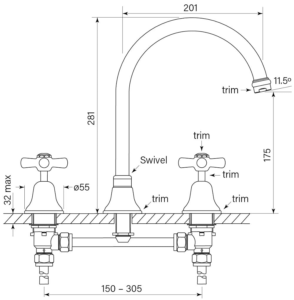 Faucet Strommen Cascade Hob Spa Set - Cross Handles