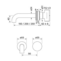 Faucet Strommen Zero Progressive 200 Wall Basin Mixer Set - Fluted - Dimensions
